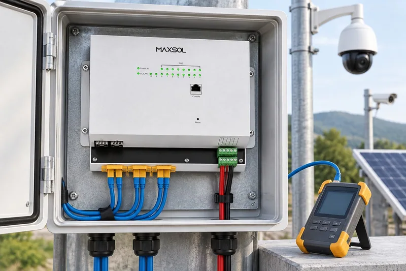 Maxsol IOT2802SFG-S managed solar industrial PoE switch with eight Gigabit PoE ports and two SFP ports