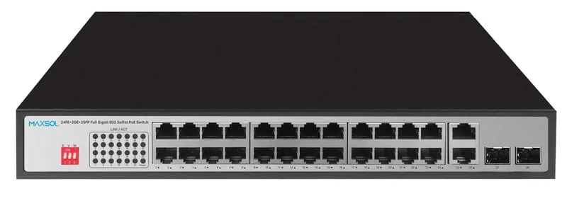 Maxsol PS12402FG 24-port Gigabit PoE switch with RJ45 and SFP uplink ports