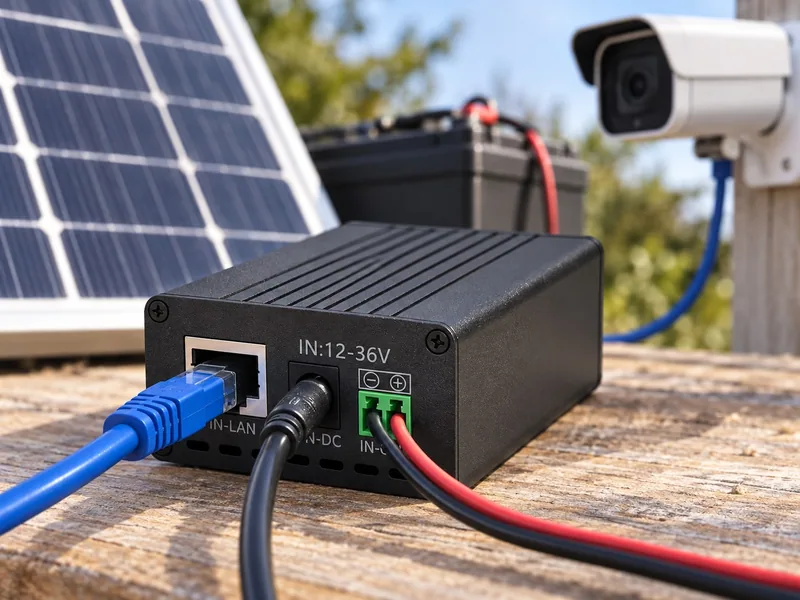 Maxsol POE24V DC-to-PoE converter with Ethernet connections and LCD voltage display
