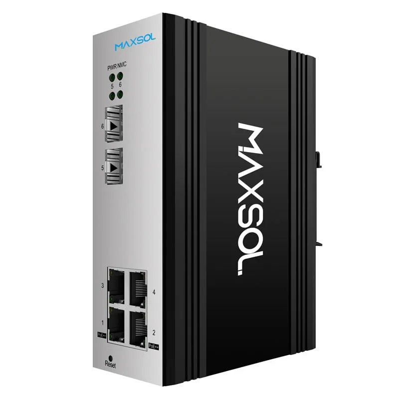 Four-port Gigabit industrial PoE switch with two SFP ports and 90W PoE++ capability on selected ports